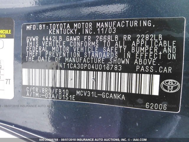 4T1CA30P04U016783 - 2004 TOYOTA CAMRY SOLARA SE/SLE ლურჯი ფოტო 9