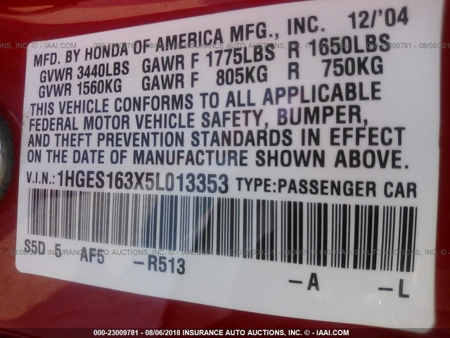 1HGES163X5L013353 - 2005 HONDA CIVIC DX VP RED photo 9