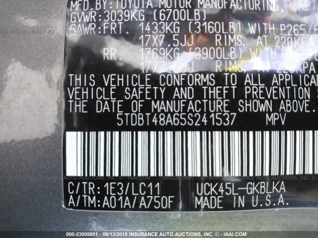 5TDBT48A65S241537 - 2005 TOYOTA SEQUOIA LIMITED GRAY photo 9