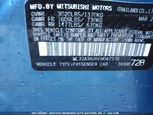 ML32A3HJ5FH047378 - 2015 MITSUBISHI MIRAGE DE BLUE photo 9