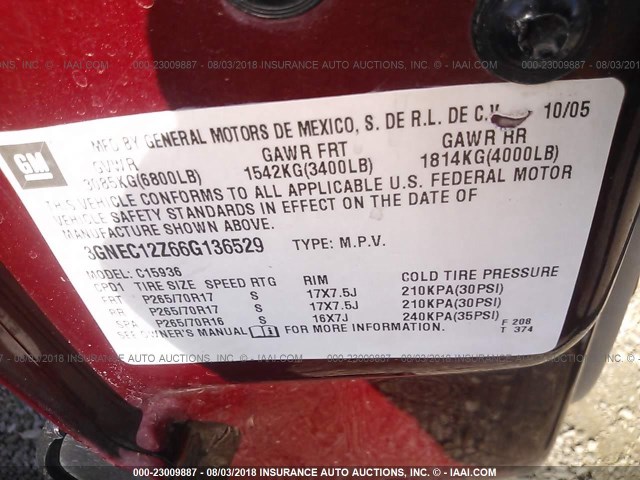 3GNEC12Z66G136529 - 2006 CHEVROLET AVALANCHE C1500 RED photo 9