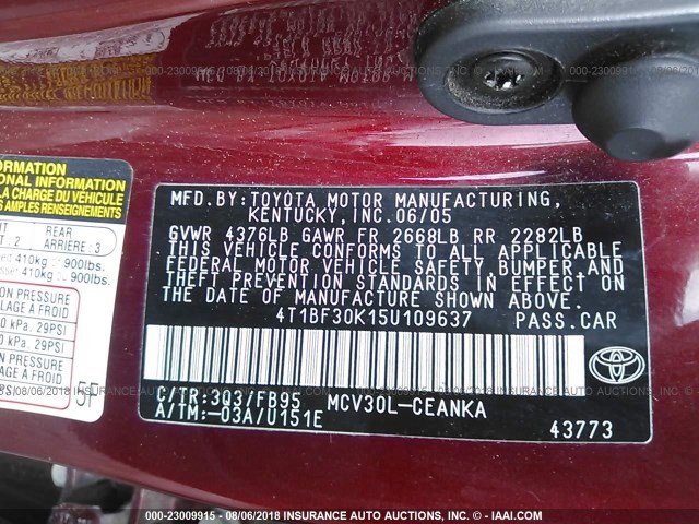 4T1BF30K15U109637 - 2005 TOYOTA CAMRY LE/XLE/SE Tünd qırmızı foto 9