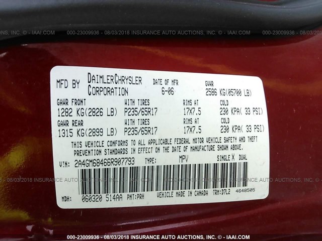 2A4GM68466R907793 - 2006 CHRYSLER PACIFICA TOURING RED photo 9