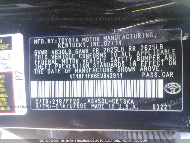 4T1BF1FK6EU842911 - 2014 TOYOTA CAMRY L/SE/LE/XLE 黑色 照片 9