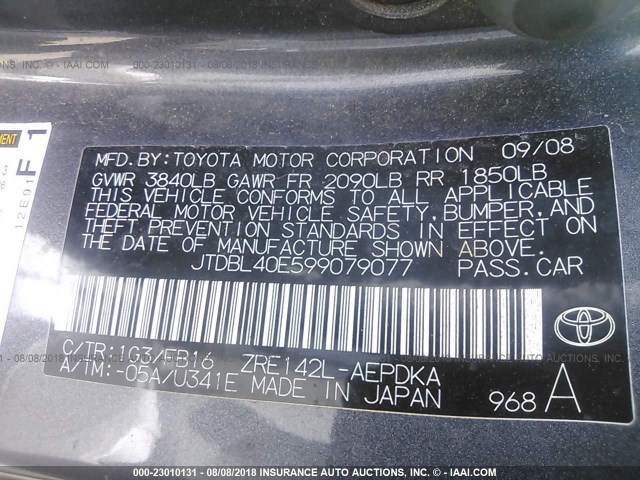 JTDBL40E599079077 - 2009 TOYOTA COROLLA LE/XLE GRAY photo 9