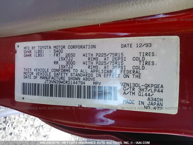 JT3VN39W0R0144794 - 1994 TOYOTA 4RUNNER VN39 SR5 红色 照片 9