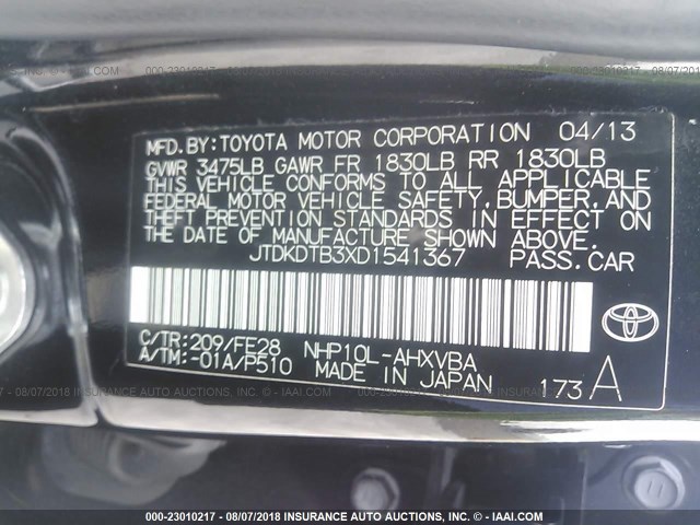 JTDKDTB3XD1541367 - 2013 TOYOTA PRIUS C BLACK photo 9