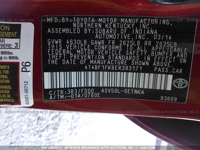 4T4BF1FK6ER393171 - 2014 TOYOTA CAMRY L/SE/LE/XLE წითელი ფოტო 9