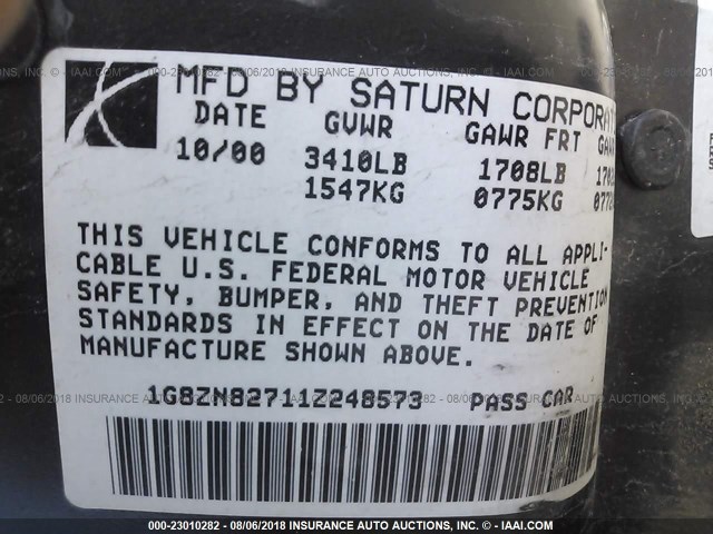 1G8ZN82711Z248573 - 2001 SATURN SW2 SILVER photo 9