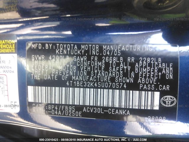 4T1BE32K45U070574 - 2005 TOYOTA CAMRY LE/XLE/SE Mavi foto 9