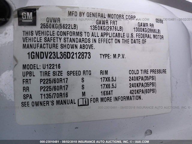 1GNDV23L36D212873 - 2006 CHEVROLET UPLANDER LS WHITE photo 9