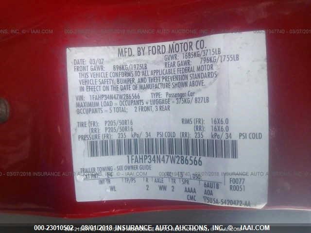 1FAHP34N47W286566 - 2007 FORD FOCUS ZX4/S/SE/SES RED photo 9