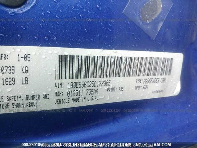 1B3ES56C25D172305 - 2005 DODGE NEON SXT BLUE photo 9