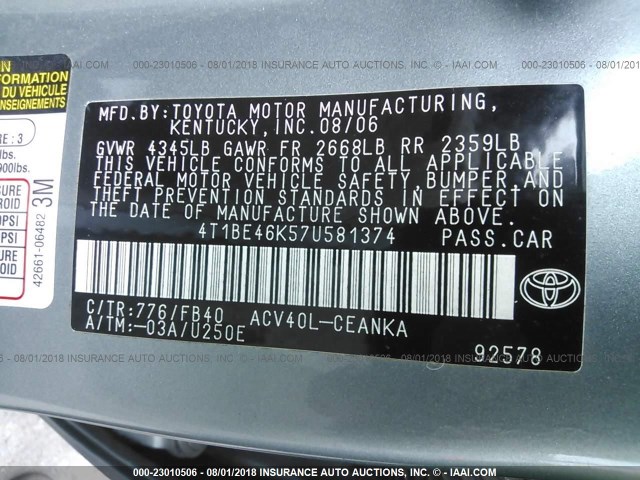 4T1BE46K57U581374 - 2007 TOYOTA CAMRY NEW GENERAT CE/LE/XLE/SE Light Blue photo 9