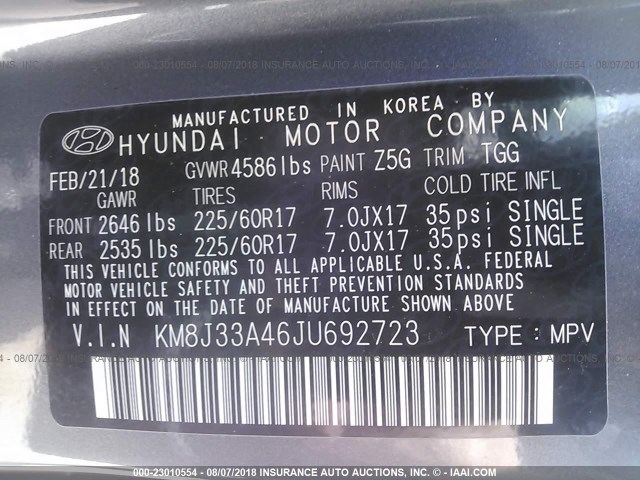 KM8J33A46JU692723 - 2018 HYUNDAI TUCSON GRAY photo 9