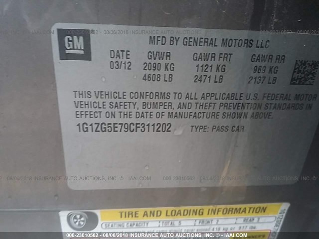 1G1ZG5E79CF311202 - 2012 CHEVROLET MALIBU LTZ 灰色 照片 9