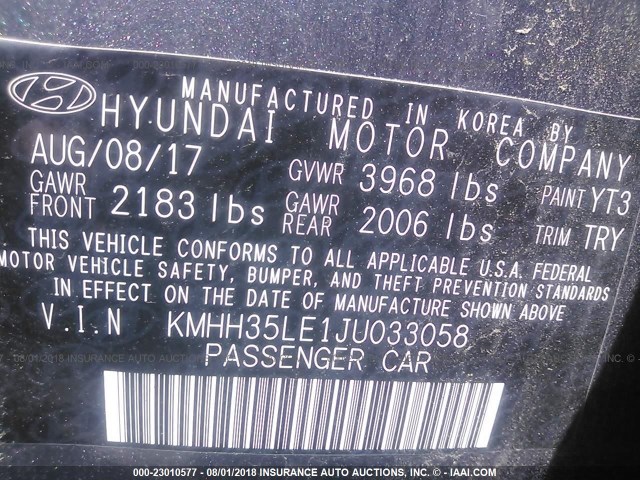 KMHH35LE1JU033058 - 2018 HYUNDAI ELANTRA GT GRAY photo 9