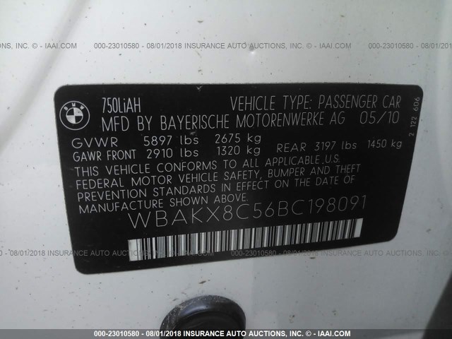 WBAKX8C56BC198091 - 2011 BMW 750 LI WHITE photo 9