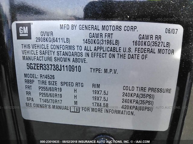 5GZER33738J110910 - 2008 SATURN OUTLOOK XR/TOURING 黑色 照片 9