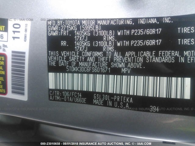 5TDKK3DC6FS601671 - 2015 TOYOTA SIENNA LE Dəniz mavisi foto 9