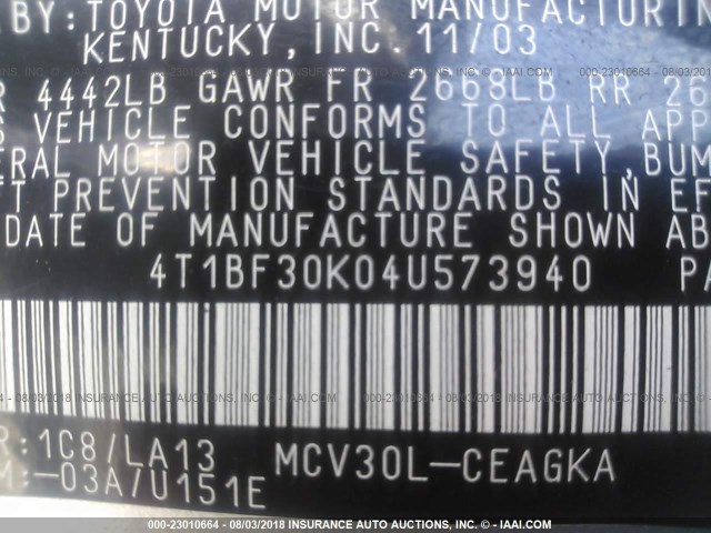 4T1BF30K04U573940 - 2004 TOYOTA CAMRY LE/XLE/SE Gümüş foto 9