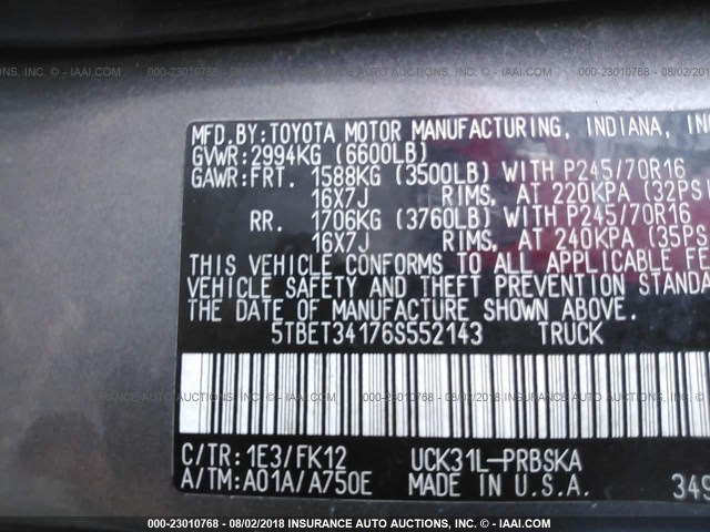 5TBET34176S552143 - 2006 TOYOTA TUNDRA DOUBLE CAB SR5 BLACK photo 9