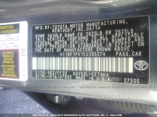 4T1BF1FK1EU395274 - 2014 TOYOTA CAMRY L/SE/LE/XLE 灰色 照片 9