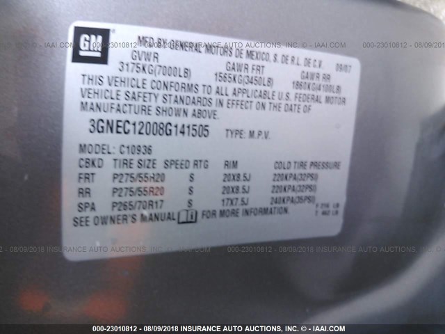 3GNEC12008G141505 - 2008 CHEVROLET AVALANCHE C1500 GRAY photo 9