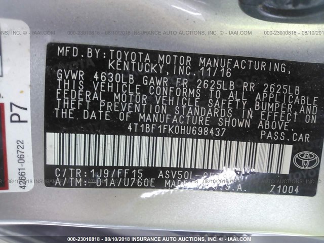 4T1BF1FK0HU698437 - 2017 TOYOTA CAMRY LE/XLE/SE/XSE 银色 照片 9