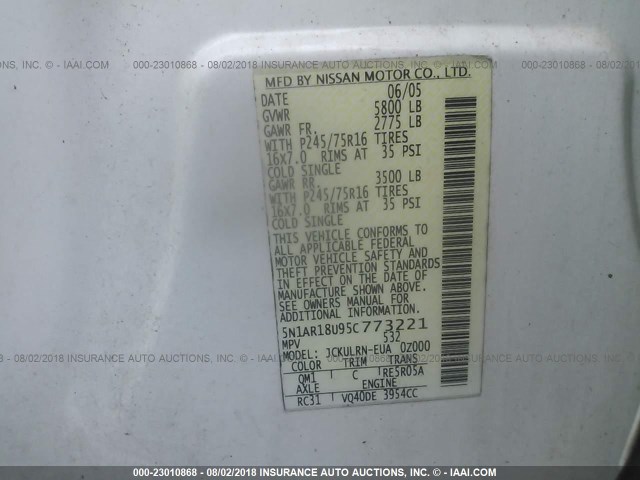 5N1AR18U95C773221 - 2005 NISSAN PATHFINDER LE/SE/XE 白色 照片 9