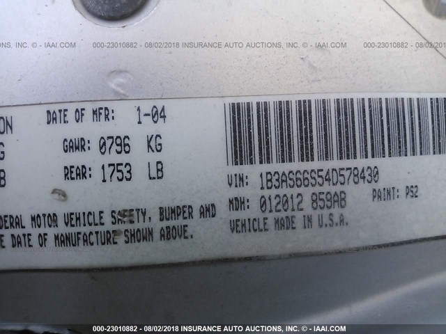 1B3AS66S54D578430 - 2004 DODGE NEON SRT-4 SILVER photo 9