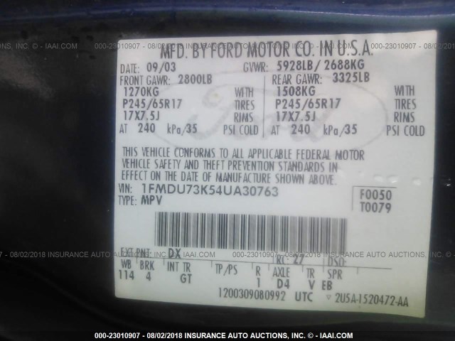 1FMDU73K54UA30763 - 2004 FORD EXPLORER XLT/XLT SPORT/NBX BLUE photo 9