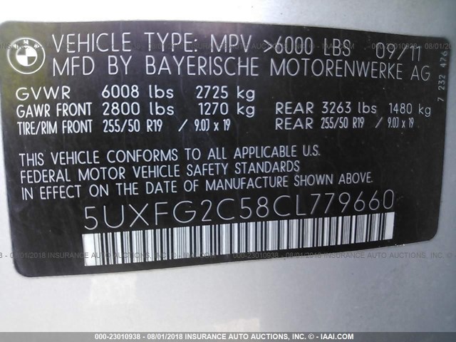 5UXFG2C58CL779660 - 2012 BMW X6 XDRIVE35I SILVER photo 9