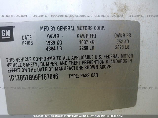 1G1ZG57B99F167046 - 2009 CHEVROLET MALIBU LS WHITE photo 9