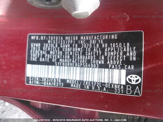 5YFBURHE8GP564903 - 2016 TOYOTA COROLLA L/LE/LE PLS/PRM/S/S PLS RED photo 9