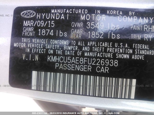 KMHCU5AE8FU226938 - 2015 HYUNDAI ACCENT GLS/SE SILVER photo 9