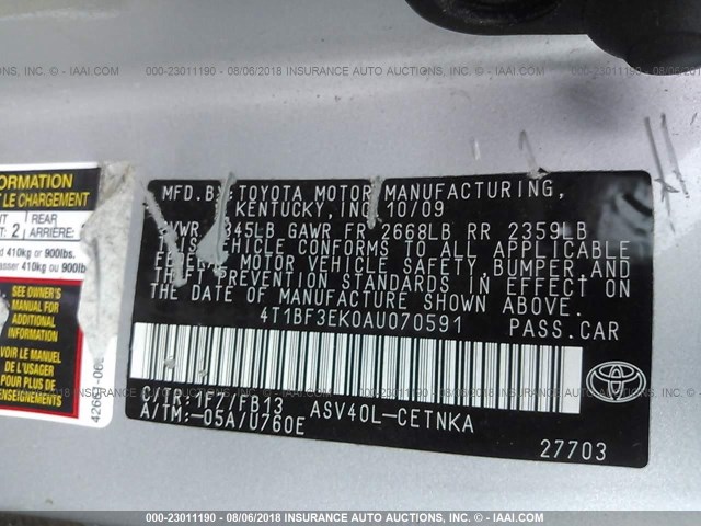 4T1BF3EK0AU070591 - 2010 TOYOTA CAMRY SE/LE/XLE SILVER photo 9