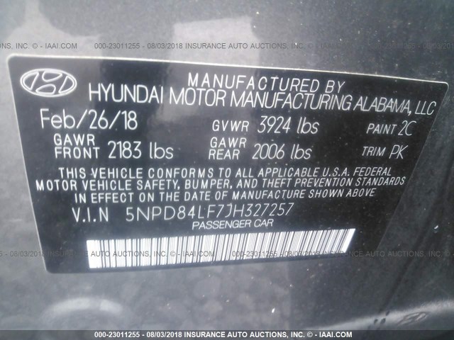 5NPD84LF7JH327257 - 2018 HYUNDAI ELANTRA SEL/VALUE/LIMITED GRAY photo 9