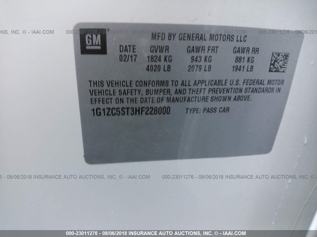 1G1ZC5ST3HF228000 - 2017 CHEVROLET MALIBU LS WHITE photo 9