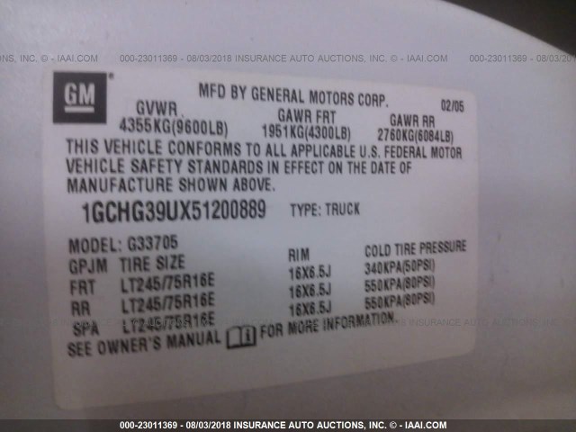 1GCHG39UX51200889 - 2005 CHEVROLET EXPRESS G3500  WHITE photo 9