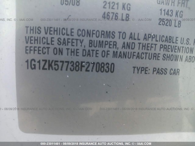 1G1ZK57738F270830 - 2008 CHEVROLET MALIBU LTZ 白色 照片 9