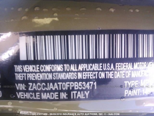 ZACCJAAT0FPB53471 - 2015 JEEP RENEGADE SPORT GREEN photo 9