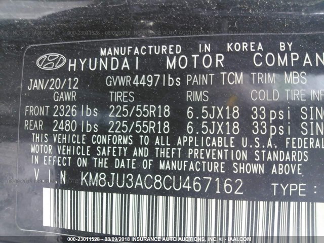 KM8JU3AC8CU467162 - 2012 HYUNDAI TUCSON GLS/LIMITED 黑色 照片 9
