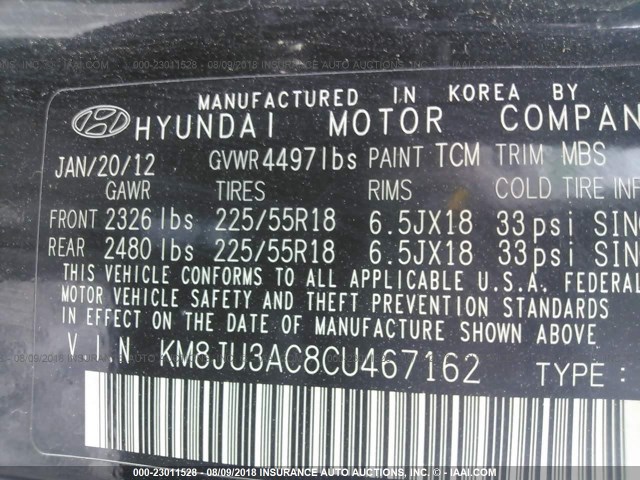 KM8JU3AC8CU467162 - 2012 HYUNDAI TUCSON GLS/LIMITED BLACK photo 9