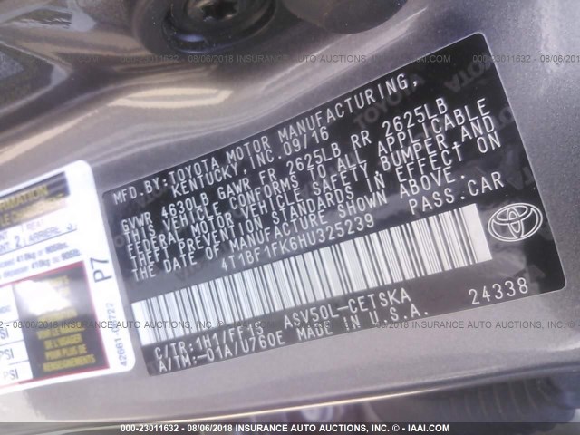 4T1BF1FK6HU325239 - 2017 TOYOTA CAMRY LE/XLE/SE/XSE 灰色 照片 9