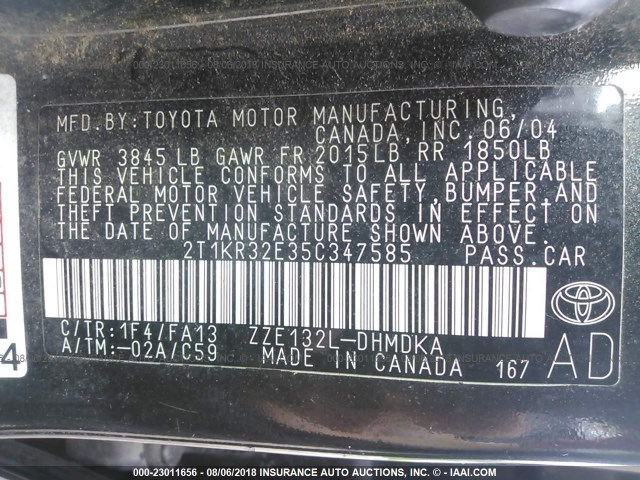 2T1KR32E35C347585 - 2005 TOYOTA COROLLA MATRIX XR BLACK photo 9