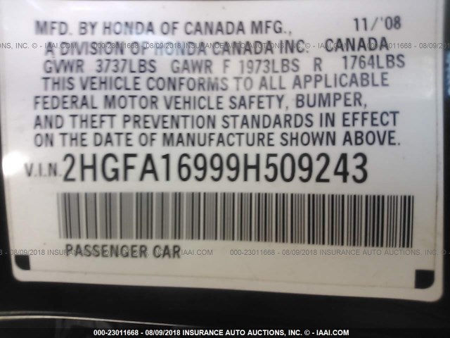 2HGFA16999H509243 - 2009 HONDA CIVIC EXL 黑色 照片 9