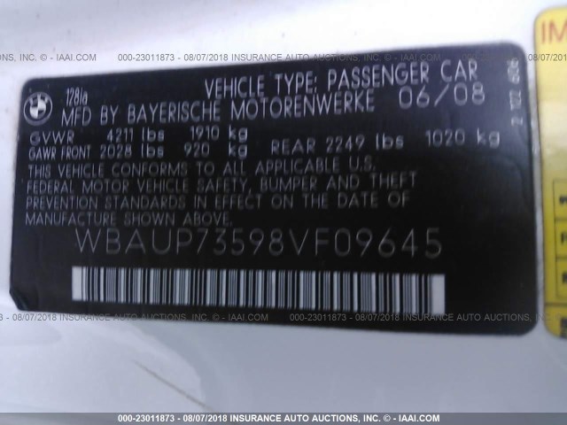 WBAUP73598VF09645 - 2008 BMW 128 I WHITE photo 9