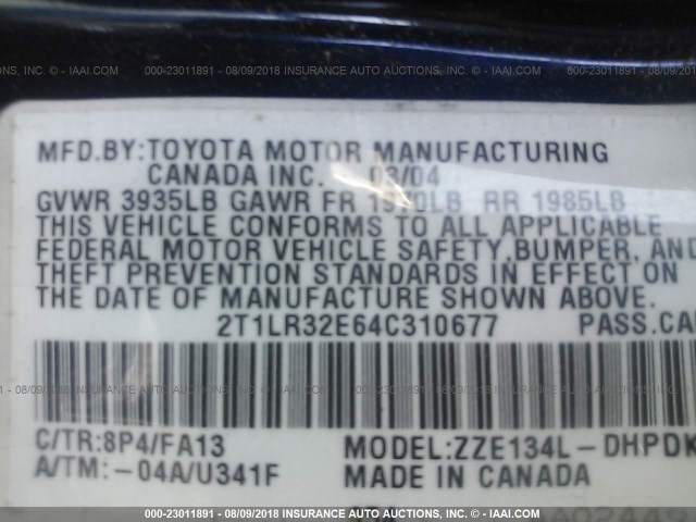2T1LR32E64C310677 - 2004 TOYOTA COROLLA MATRIX XR BLUE photo 9