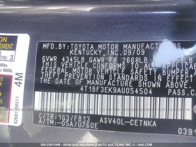 4T1BF3EK9AU054504 - 2010 TOYOTA CAMRY SE/LE/XLE ნაცრისფერი ფოტო 9